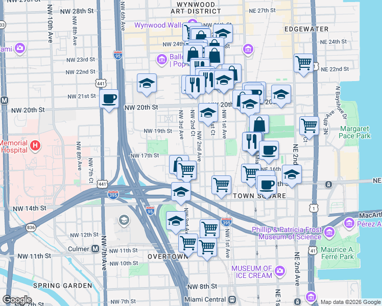 map of restaurants, bars, coffee shops, grocery stores, and more near 1746 Northwest 2nd Court in Miami