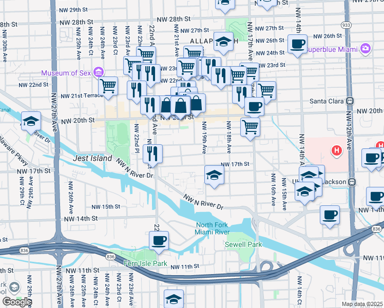 map of restaurants, bars, coffee shops, grocery stores, and more near 2038 Northwest 18th Terrace in Miami
