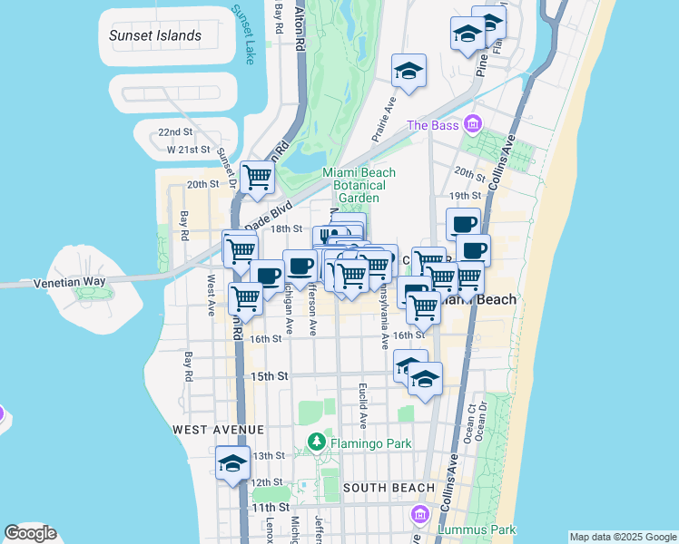 map of restaurants, bars, coffee shops, grocery stores, and more near 1675 Meridian Avenue in Miami Beach