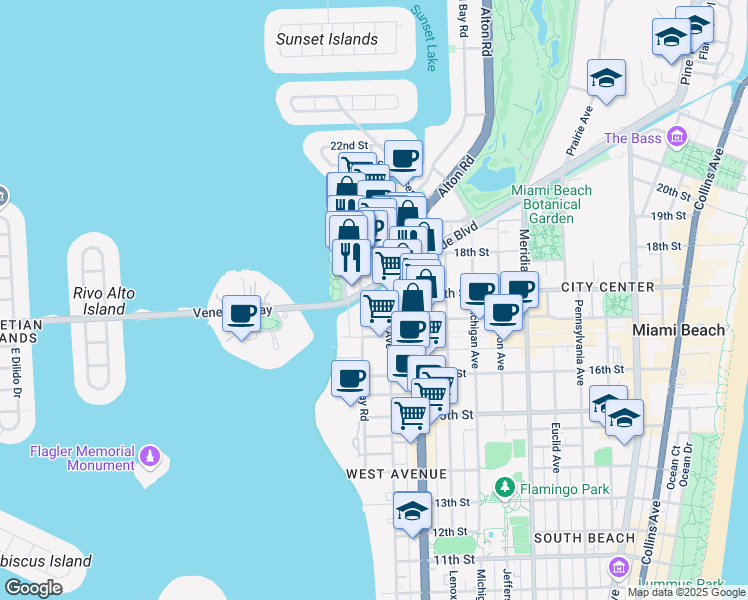 map of restaurants, bars, coffee shops, grocery stores, and more near 1349 Dade Boulevard in Miami Beach