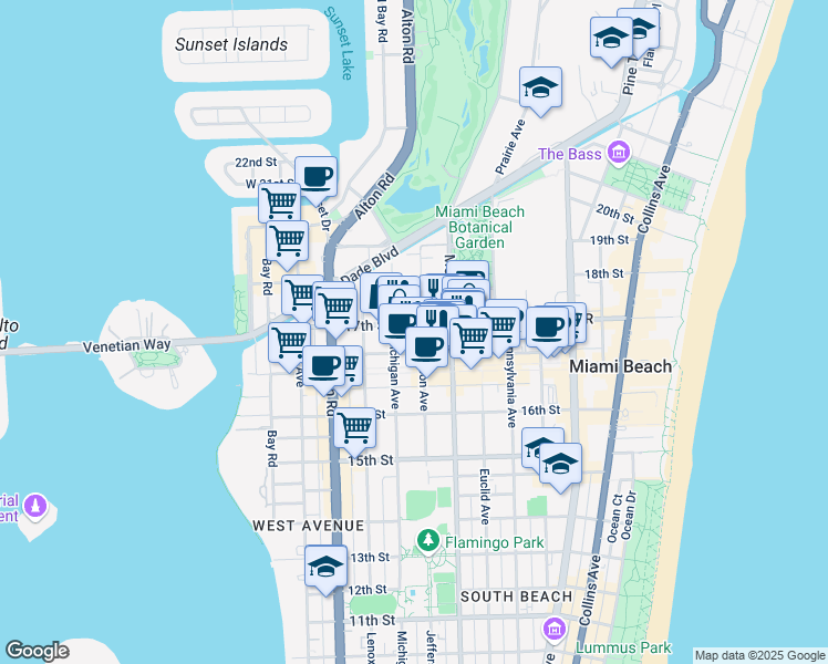 map of restaurants, bars, coffee shops, grocery stores, and more near 1719 Jefferson Avenue in Miami Beach