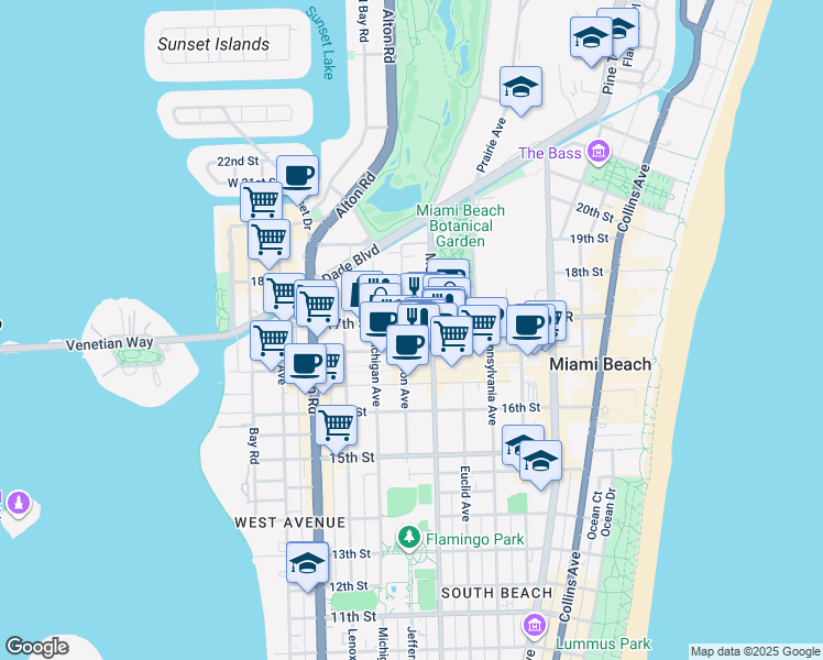 map of restaurants, bars, coffee shops, grocery stores, and more near 1719 Jefferson Avenue in Miami Beach
