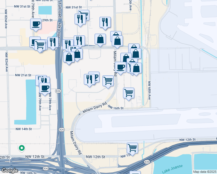 map of restaurants, bars, coffee shops, grocery stores, and more near 7200 Northwest 19th Street in Doral