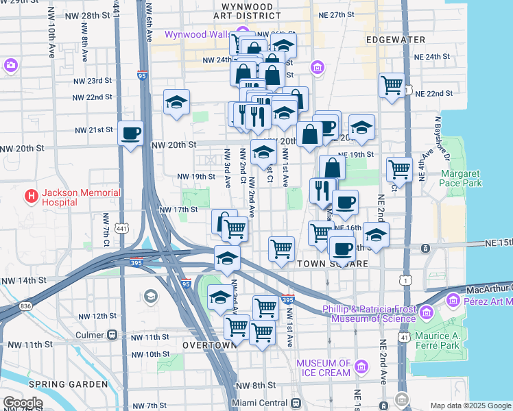 map of restaurants, bars, coffee shops, grocery stores, and more near 1720 Northwest 1st Place in Miami