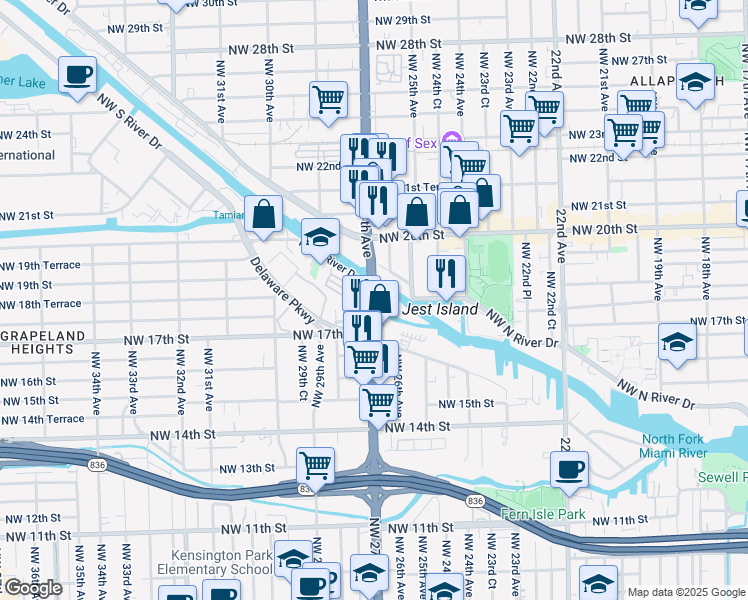 map of restaurants, bars, coffee shops, grocery stores, and more near 1805 Highway 9 in Miami