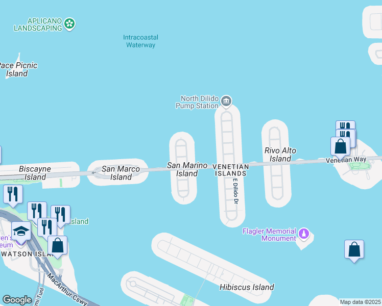 map of restaurants, bars, coffee shops, grocery stores, and more near 405 East San Marino Drive in Miami Beach