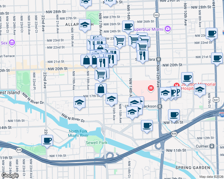 map of restaurants, bars, coffee shops, grocery stores, and more near 1515 Northwest 18th Street in Miami