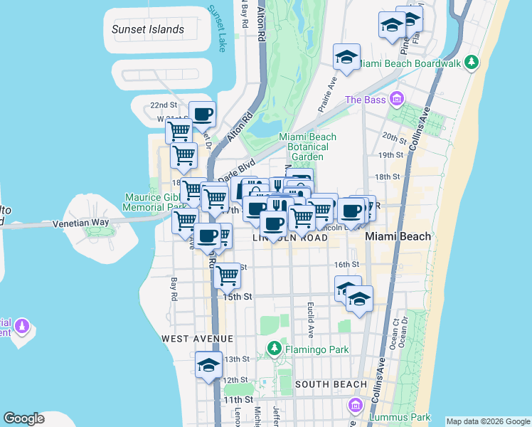 map of restaurants, bars, coffee shops, grocery stores, and more near 1719 Jefferson Avenue in Miami Beach