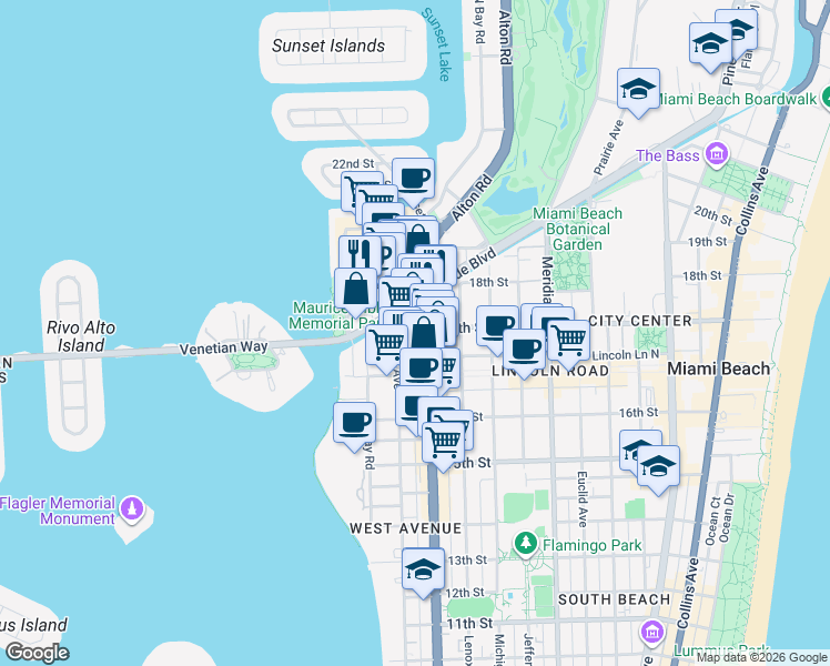 map of restaurants, bars, coffee shops, grocery stores, and more near 1231 17th Street in Miami Beach