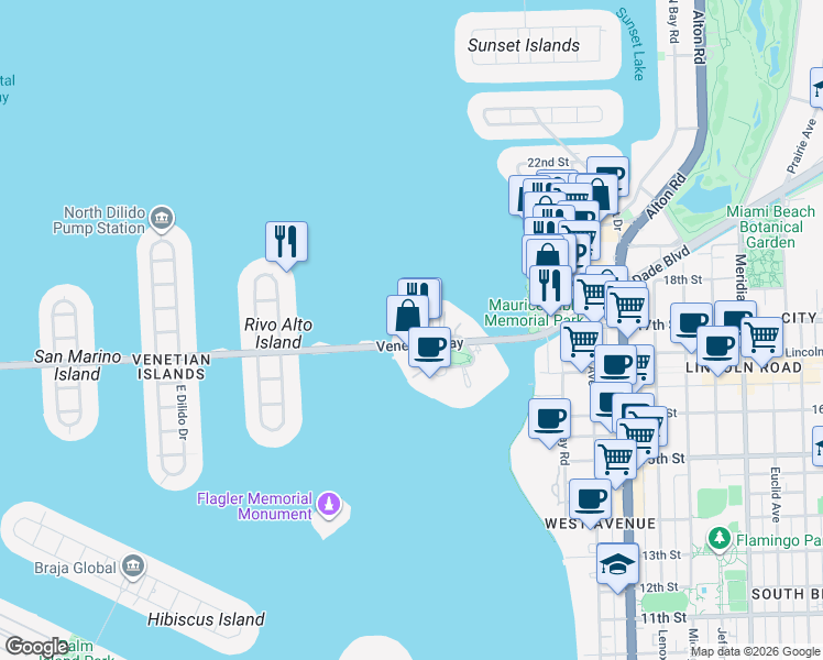 map of restaurants, bars, coffee shops, grocery stores, and more near 40 Island Avenue in Miami Beach