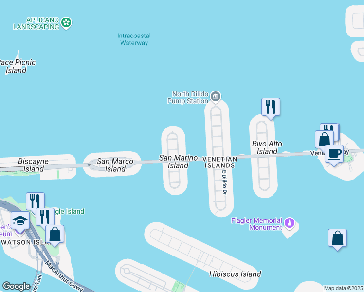 map of restaurants, bars, coffee shops, grocery stores, and more near 405 East San Marino Drive in Miami Beach