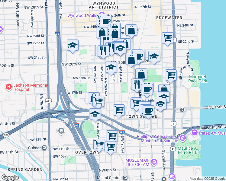 map of restaurants, bars, coffee shops, grocery stores, and more near 1765 Northwest 1st Place in Miami