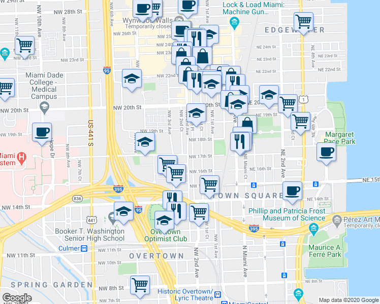 map of restaurants, bars, coffee shops, grocery stores, and more near 1746 Northwest 2nd Court in Miami