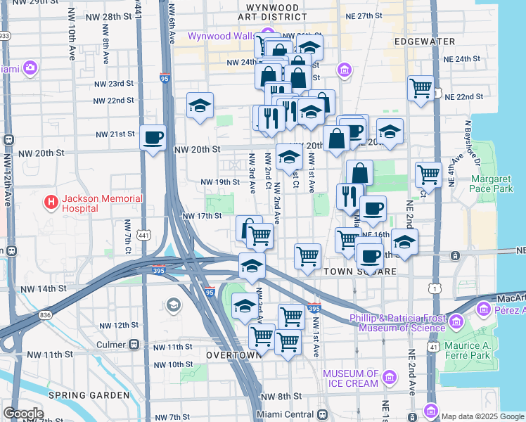 map of restaurants, bars, coffee shops, grocery stores, and more near 1746 Northwest 2nd Court in Miami