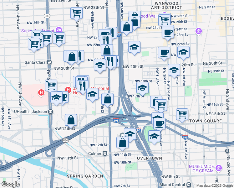 map of restaurants, bars, coffee shops, grocery stores, and more near 1773 Northwest 7th Avenue in Miami