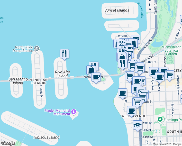 map of restaurants, bars, coffee shops, grocery stores, and more near 10 Century Lane in Miami Beach