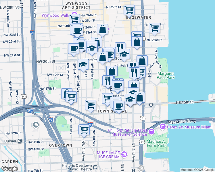 map of restaurants, bars, coffee shops, grocery stores, and more near 1749 North Miami Avenue in Miami