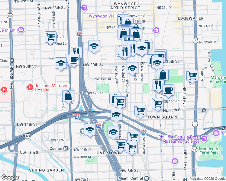 map of restaurants, bars, coffee shops, grocery stores, and more near 301 Northwest 17th Street in Miami
