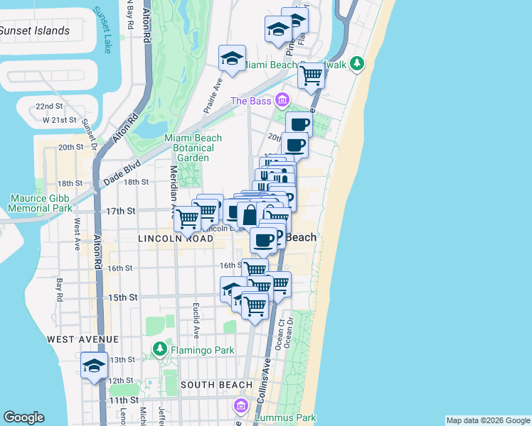 map of restaurants, bars, coffee shops, grocery stores, and more near 1701 Washington Avenue in Miami Beach