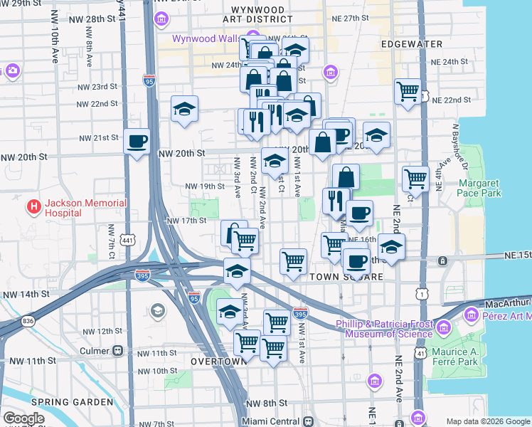 map of restaurants, bars, coffee shops, grocery stores, and more near 1746 Northwest 2nd Court in Miami