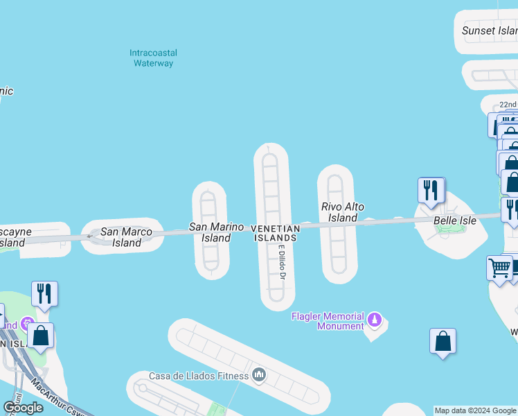 map of restaurants, bars, coffee shops, grocery stores, and more near 526 West Dilido Drive in Miami Beach