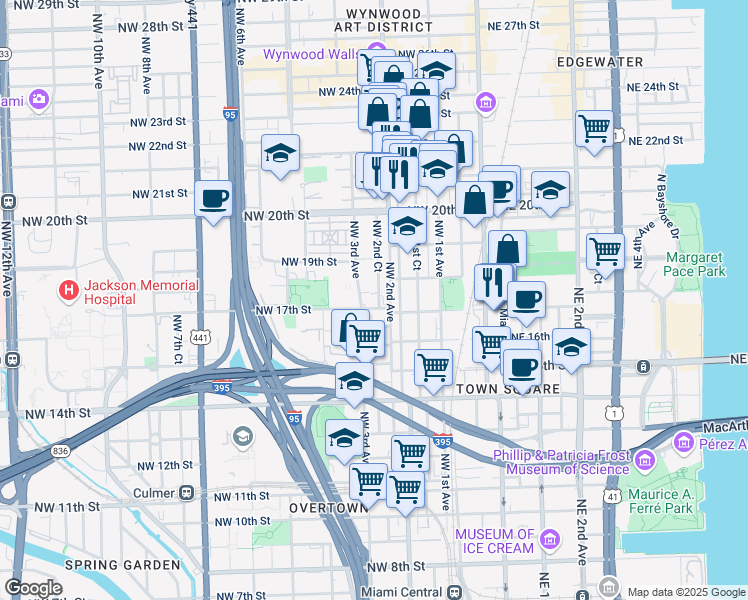 map of restaurants, bars, coffee shops, grocery stores, and more near 1746 Northwest 2nd Court in Miami