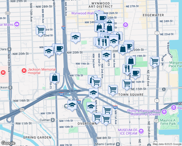 map of restaurants, bars, coffee shops, grocery stores, and more near 1750 Northwest 3rd Avenue in Miami