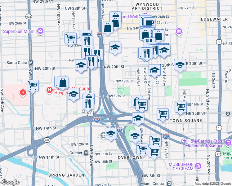 map of restaurants, bars, coffee shops, grocery stores, and more near 1780 Northwest 5 Avenue in Miami