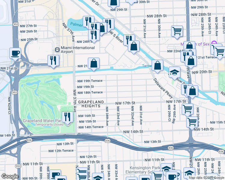 map of restaurants, bars, coffee shops, grocery stores, and more near 3300 Northwest 19th Street in Miami