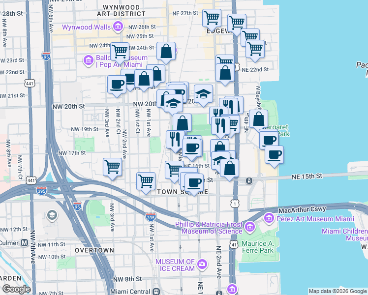 map of restaurants, bars, coffee shops, grocery stores, and more near 2215 Northeast Miami Place in Miami