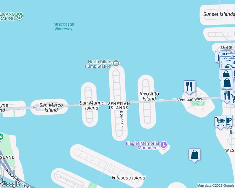 map of restaurants, bars, coffee shops, grocery stores, and more near 521 East Dilido Drive in Miami Beach