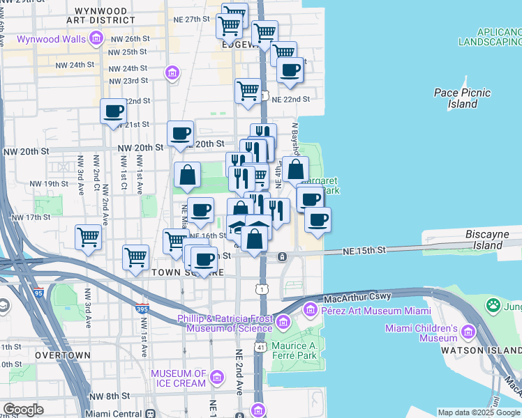 map of restaurants, bars, coffee shops, grocery stores, and more near 260 Northeast 17th Terrace in Miami