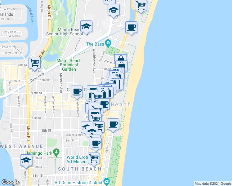 map of restaurants, bars, coffee shops, grocery stores, and more near 1685 Collins Avenue in Miami Beach