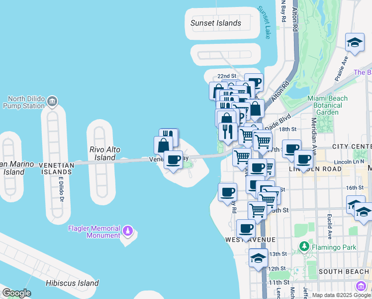 map of restaurants, bars, coffee shops, grocery stores, and more near 36 Island Avenue in Miami Beach