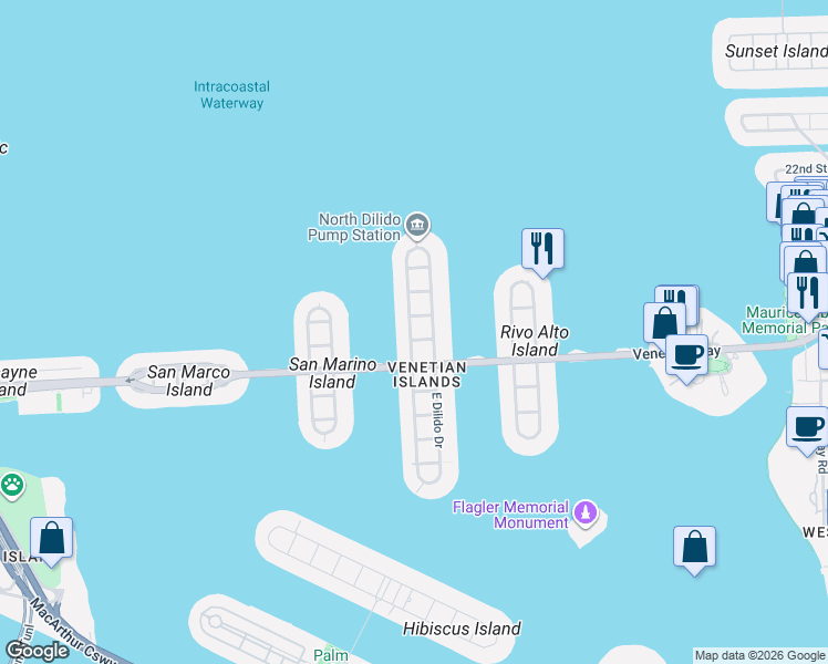 map of restaurants, bars, coffee shops, grocery stores, and more near 526 West Dilido Drive in Miami Beach