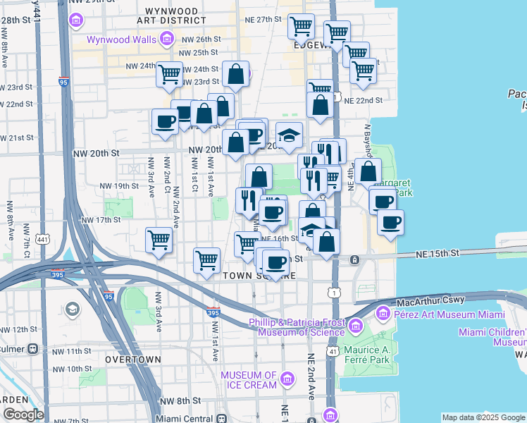 map of restaurants, bars, coffee shops, grocery stores, and more near 2215 Northeast Miami Place in Miami