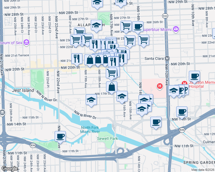 map of restaurants, bars, coffee shops, grocery stores, and more near 1759 Northwest 18th Terrace in Miami