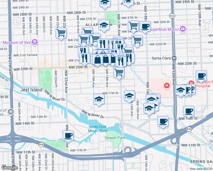 map of restaurants, bars, coffee shops, grocery stores, and more near 1847 Northwest 18th Terrace in Miami