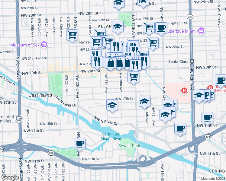 map of restaurants, bars, coffee shops, grocery stores, and more near 1847 Northwest 18th Terrace in Miami