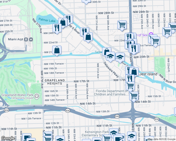map of restaurants, bars, coffee shops, grocery stores, and more near 3154 Northwest 19th Street in Miami