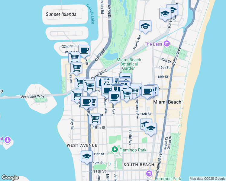 map of restaurants, bars, coffee shops, grocery stores, and more near 17th St & Jefferson Ave in Miami Beach