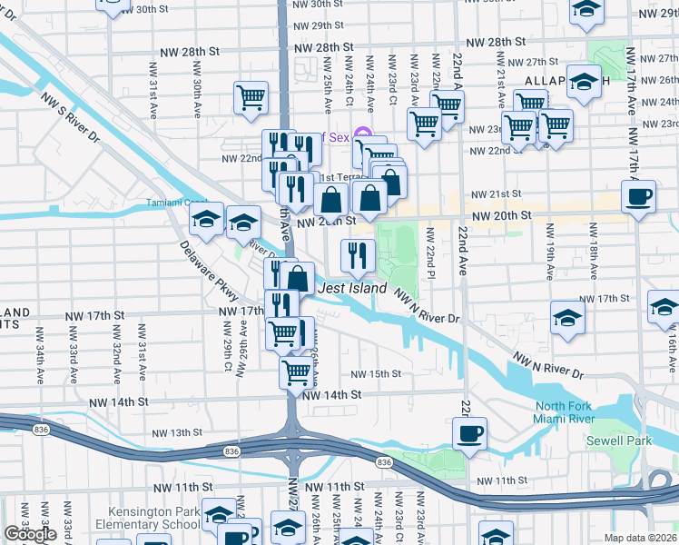 map of restaurants, bars, coffee shops, grocery stores, and more near 1881 Northwest North River Drive in Miami