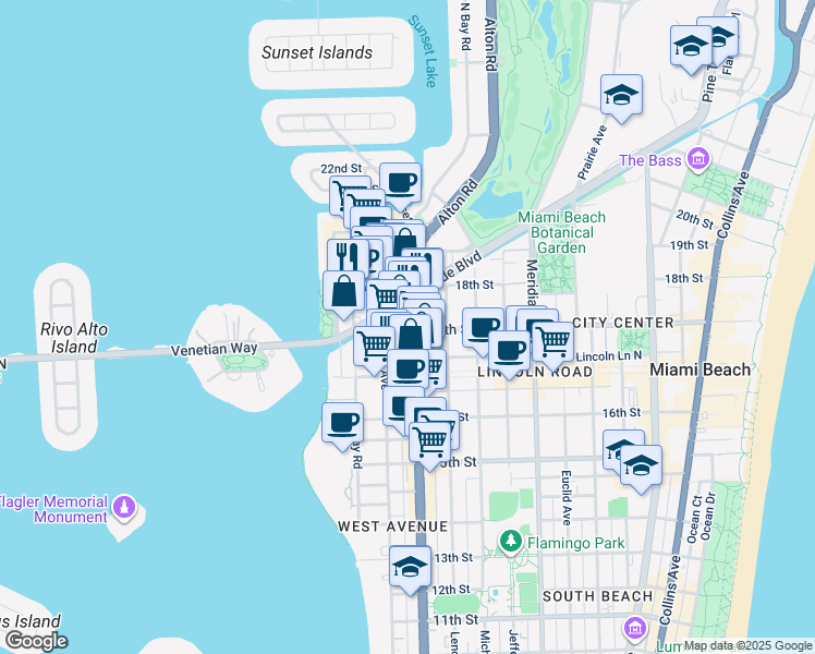 map of restaurants, bars, coffee shops, grocery stores, and more near 1201 17th Street in Miami Beach