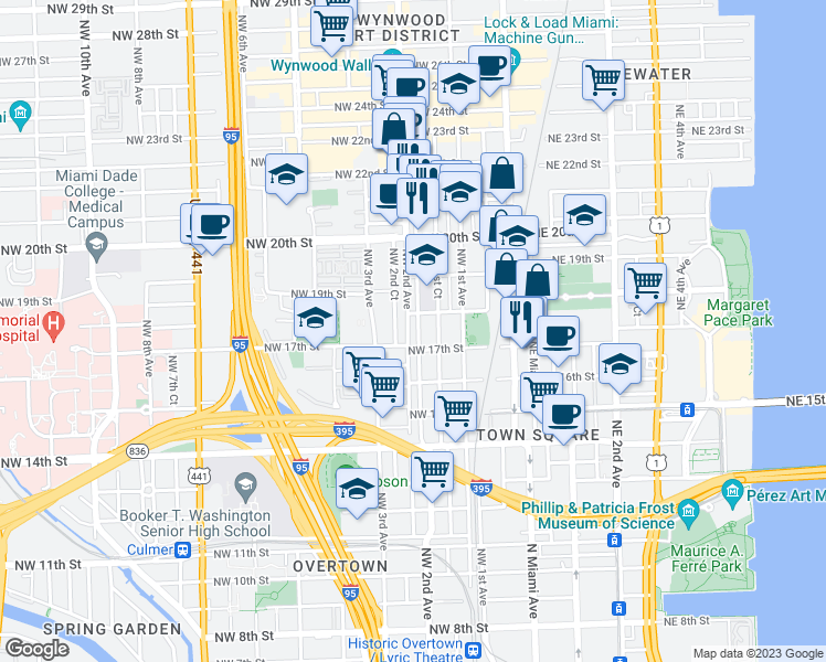 map of restaurants, bars, coffee shops, grocery stores, and more near 1746 Northwest 2nd Court in Miami
