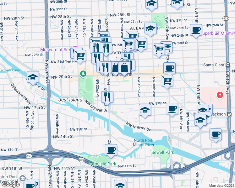 map of restaurants, bars, coffee shops, grocery stores, and more near 2170 Northwest 18th Terrace in Miami