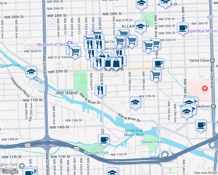 map of restaurants, bars, coffee shops, grocery stores, and more near 2170 Northwest 18th Terrace in Miami