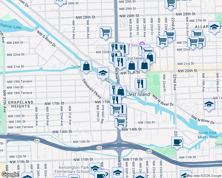 map of restaurants, bars, coffee shops, grocery stores, and more near 324 Northwest South River Drive in Miami