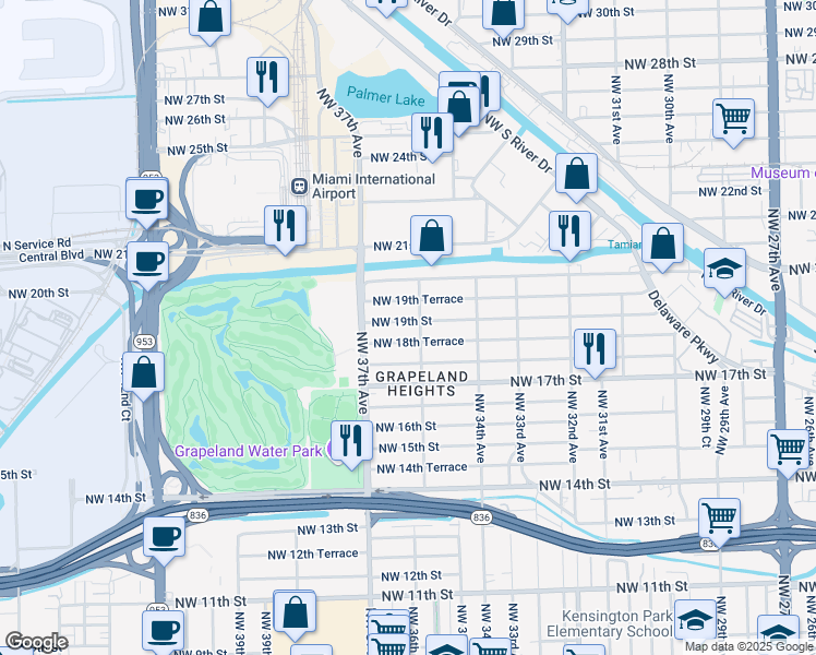 map of restaurants, bars, coffee shops, grocery stores, and more near 3631 Northwest 19th Street in Miami