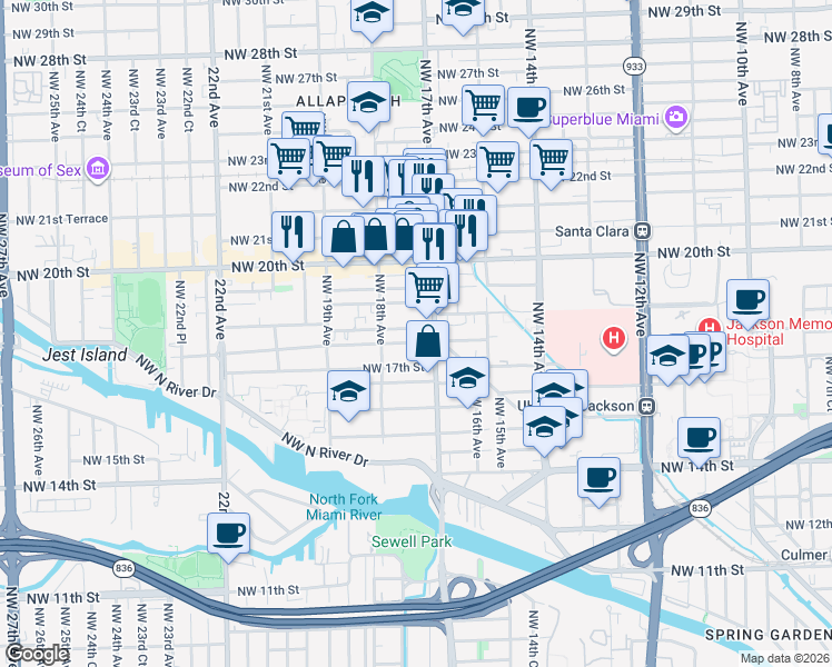map of restaurants, bars, coffee shops, grocery stores, and more near 1720 Northwest 18th Terrace in Miami