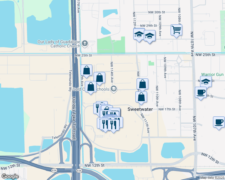 map of restaurants, bars, coffee shops, grocery stores, and more near Northwest 114th Avenue in Miami